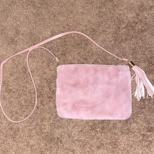 Mauve Fur sling purse with fringe detail